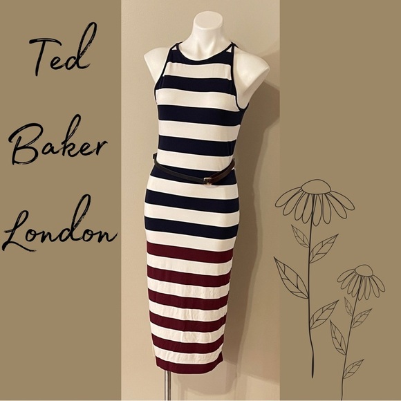 Ted Baker London Dresses & Skirts - Ted Baker London Navy and Burgundy Striped Midi Dress